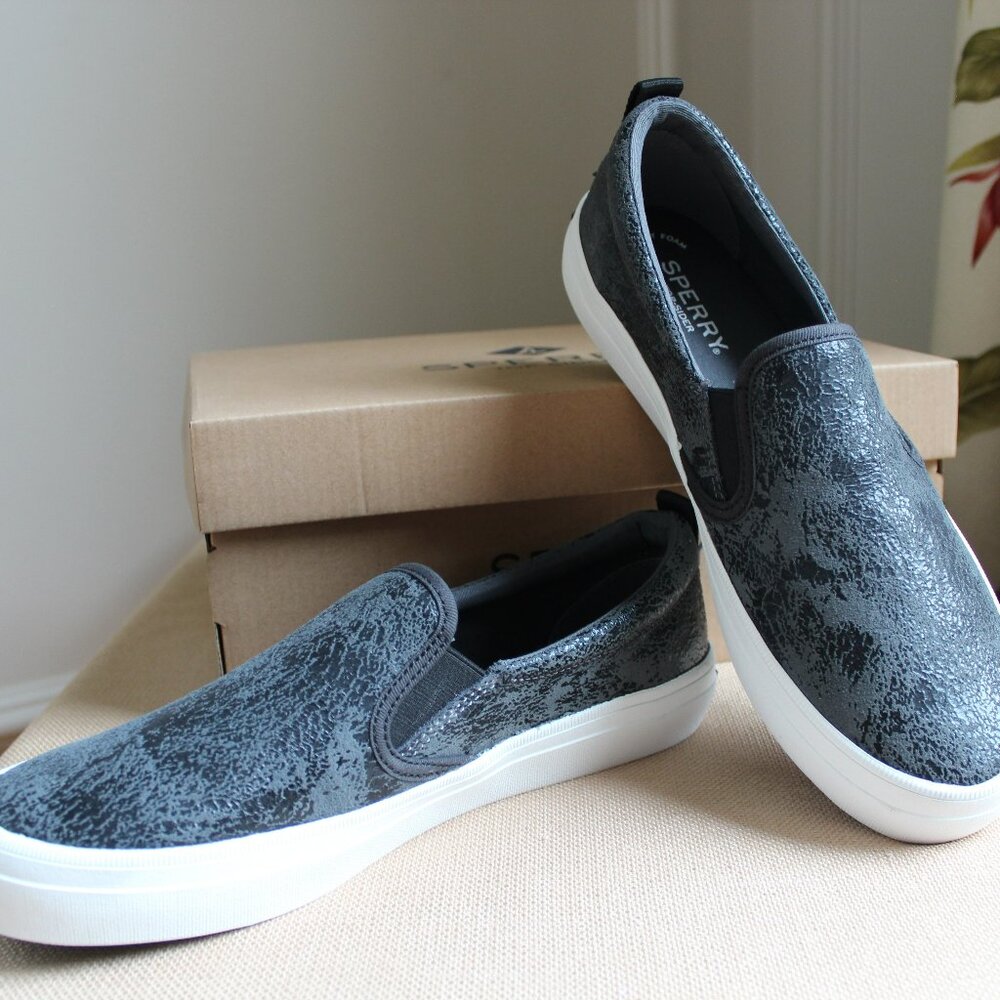 Sperry Women's Crest Twin Gore Slip-On Sneaker in Paint Black Size 9M